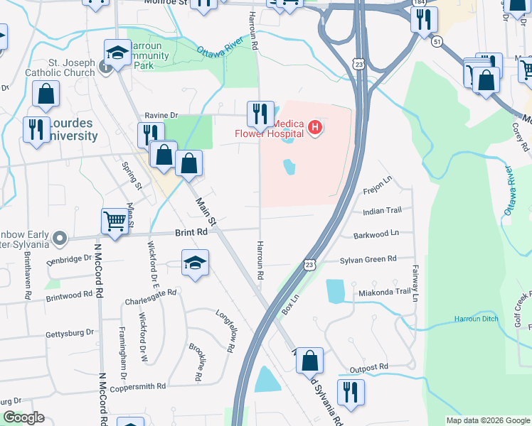map of restaurants, bars, coffee shops, grocery stores, and more near 6262 Arrowhead Drive in Sylvania