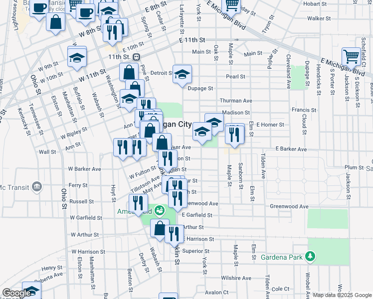 map of restaurants, bars, coffee shops, grocery stores, and more near 201 East Barker Avenue in Michigan City