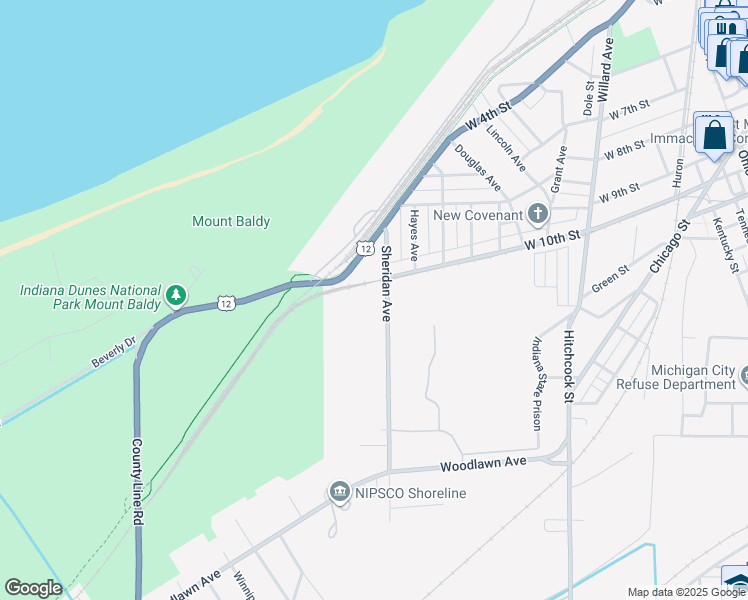 map of restaurants, bars, coffee shops, grocery stores, and more near 515 Sheridan Avenue in Michigan City