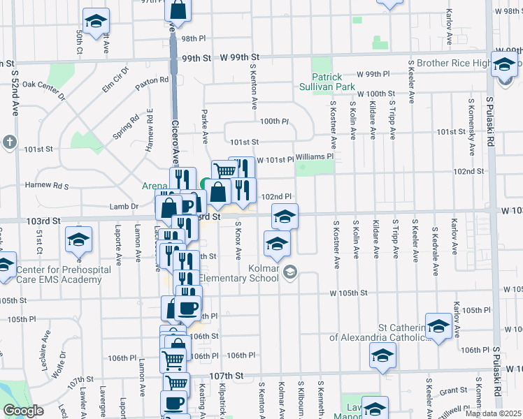 map of restaurants, bars, coffee shops, grocery stores, and more near 4560 103rd Street in Oak Lawn