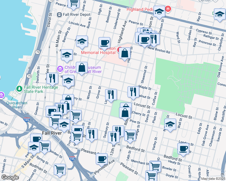 map of restaurants, bars, coffee shops, grocery stores, and more near 673 Walnut Street in Fall River