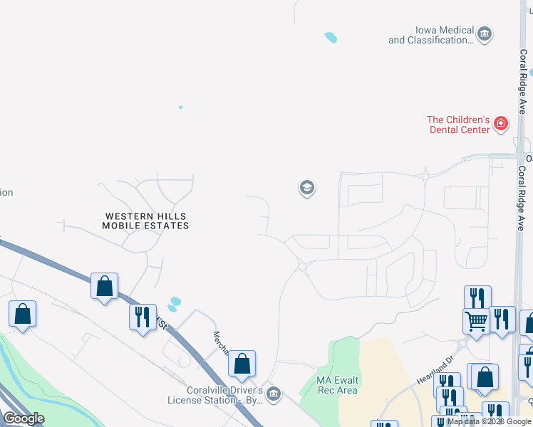 map of restaurants, bars, coffee shops, grocery stores, and more near Jones Boulevard in Coralville
