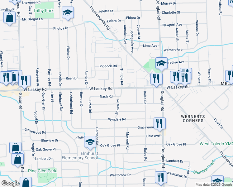 map of restaurants, bars, coffee shops, grocery stores, and more near 4938 West Bowen Road in Toledo