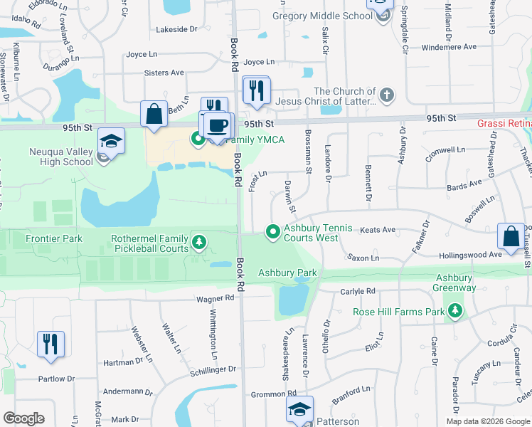 map of restaurants, bars, coffee shops, grocery stores, and more near 3239 Barnes Ln in Naperville
