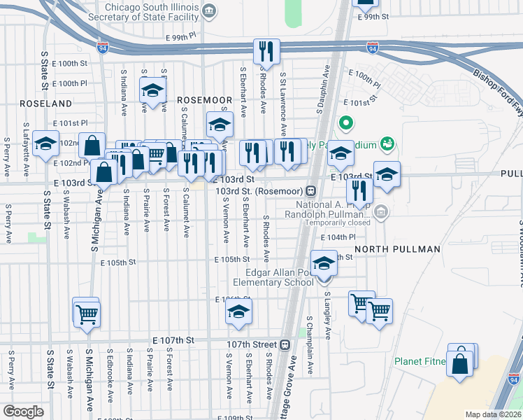 map of restaurants, bars, coffee shops, grocery stores, and more near 10348 South Rhodes Avenue in Chicago