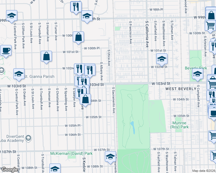 map of restaurants, bars, coffee shops, grocery stores, and more near 3019 W 103rd St in Chicago