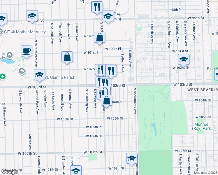 map of restaurants, bars, coffee shops, grocery stores, and more near 3139 West 103rd Street in Chicago