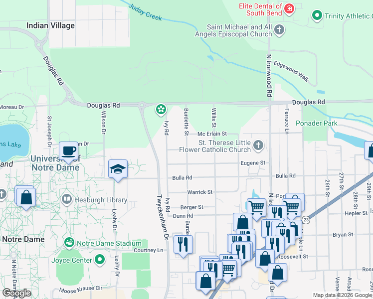 map of restaurants, bars, coffee shops, grocery stores, and more near 18401 Bailey Avenue in South Bend