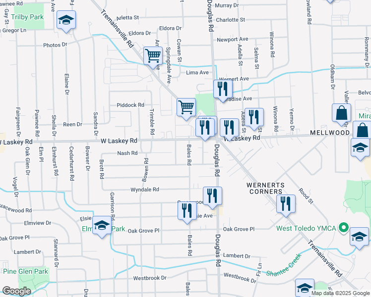 map of restaurants, bars, coffee shops, grocery stores, and more near 4935 Bales Road in Toledo