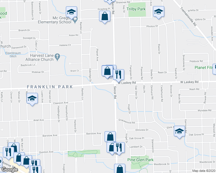 map of restaurants, bars, coffee shops, grocery stores, and more near 3311 West Laskey Road in Toledo