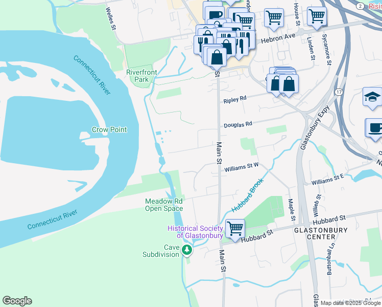 map of restaurants, bars, coffee shops, grocery stores, and more near 60 Willow Green Lane in Glastonbury
