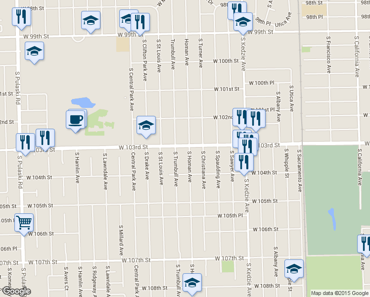 map of restaurants, bars, coffee shops, grocery stores, and more near 10300 South Homan Avenue in Chicago