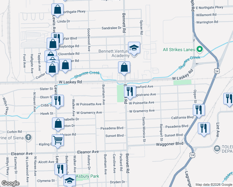 map of restaurants, bars, coffee shops, grocery stores, and more near 532 West Capistrano Avenue in Toledo