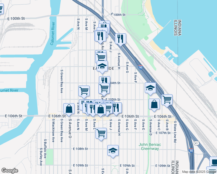 map of restaurants, bars, coffee shops, grocery stores, and more near 10411 South Avenue J in Chicago