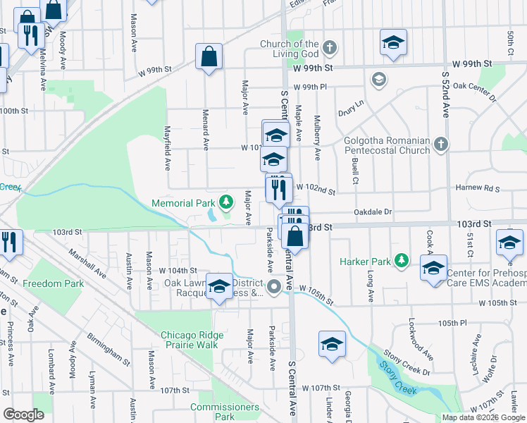 map of restaurants, bars, coffee shops, grocery stores, and more near 10231 Major Avenue in Oak Lawn