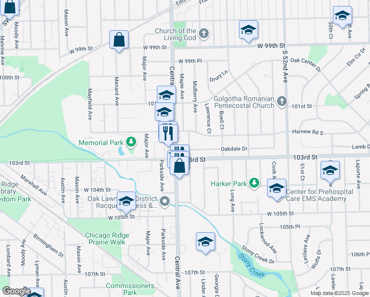 map of restaurants, bars, coffee shops, grocery stores, and more near 10230 Washington Avenue in Oak Lawn