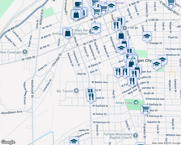 map of restaurants, bars, coffee shops, grocery stores, and more near 553 Ann Street in Michigan City