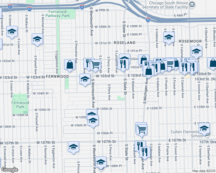 map of restaurants, bars, coffee shops, grocery stores, and more near 53 West 103rd Place in Chicago