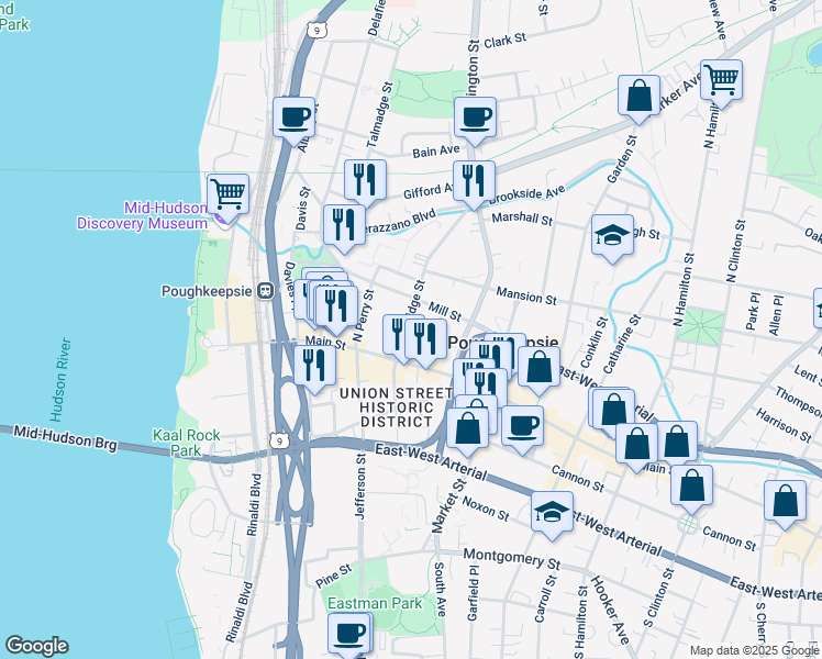 map of restaurants, bars, coffee shops, grocery stores, and more near 19 North Bridge Street in Poughkeepsie