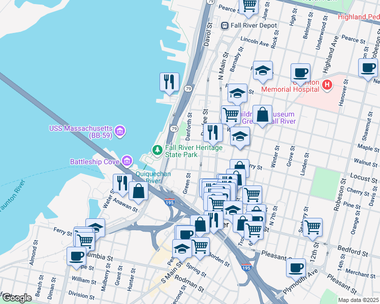 map of restaurants, bars, coffee shops, grocery stores, and more near 94 Cherry Street in Fall River