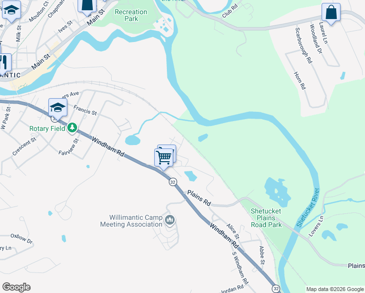 map of restaurants, bars, coffee shops, grocery stores, and more near 26 Russ Road in Windham