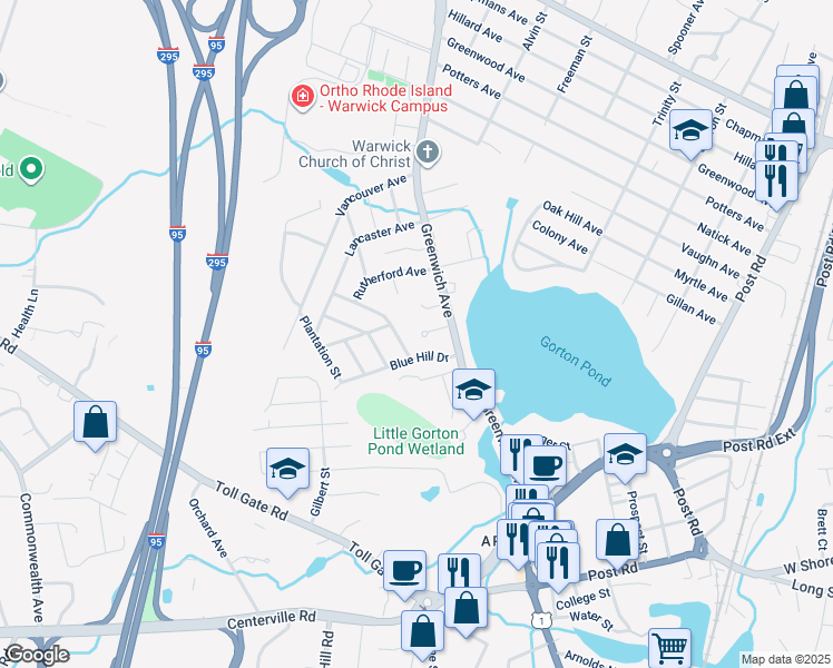 map of restaurants, bars, coffee shops, grocery stores, and more near 33 Great Oak Drive in Warwick