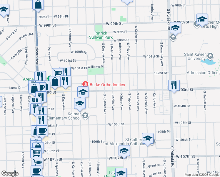 map of restaurants, bars, coffee shops, grocery stores, and more near 4336 West 103rd Street in Oak Lawn