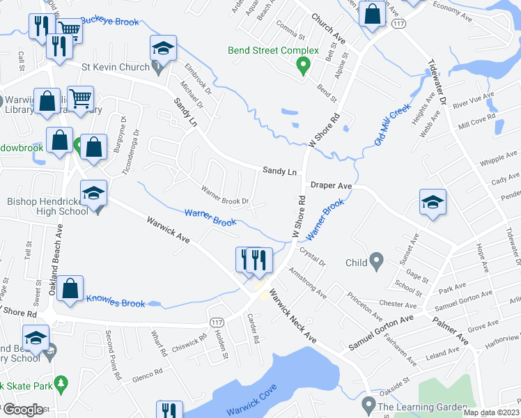 map of restaurants, bars, coffee shops, grocery stores, and more near 406 Warner Brook Drive in Warwick