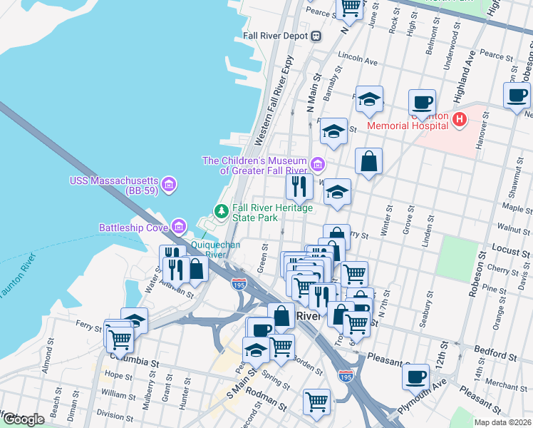 map of restaurants, bars, coffee shops, grocery stores, and more near 81 Danforth Street in Fall River