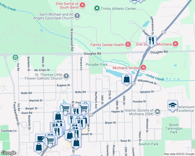 map of restaurants, bars, coffee shops, grocery stores, and more near 54170 Northern Avenue in South Bend