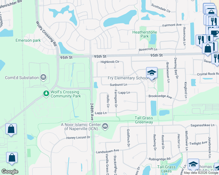 map of restaurants, bars, coffee shops, grocery stores, and more near 3816 Sunburst Lane in Naperville