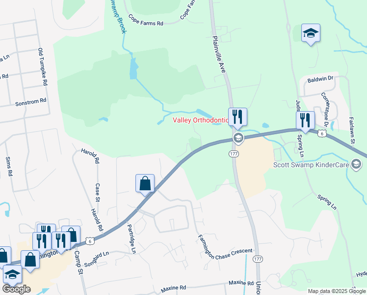 map of restaurants, bars, coffee shops, grocery stores, and more near 312 Scott Swamp Road in Farmington