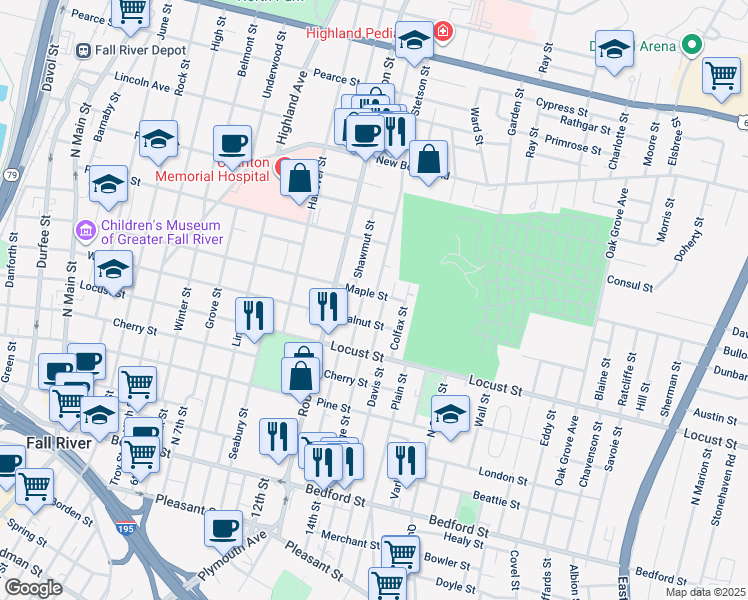 map of restaurants, bars, coffee shops, grocery stores, and more near 123 Home Street in Fall River