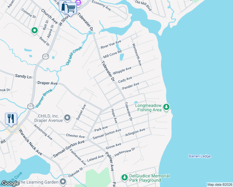 map of restaurants, bars, coffee shops, grocery stores, and more near 353 Tidewater Drive in Warwick