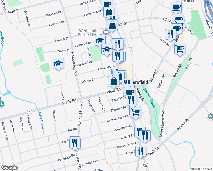 map of restaurants, bars, coffee shops, grocery stores, and more near 22 Emerson Street in Wethersfield
