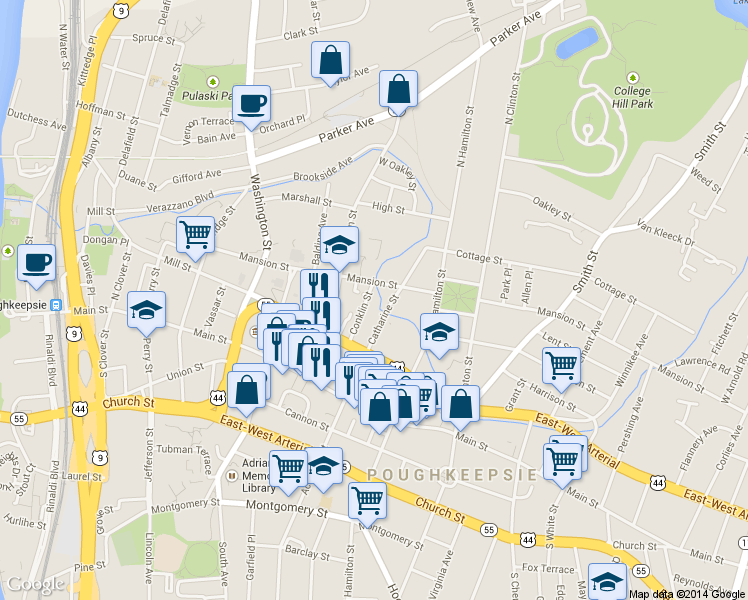 map of restaurants, bars, coffee shops, grocery stores, and more near 33 Conklin Street in Poughkeepsie