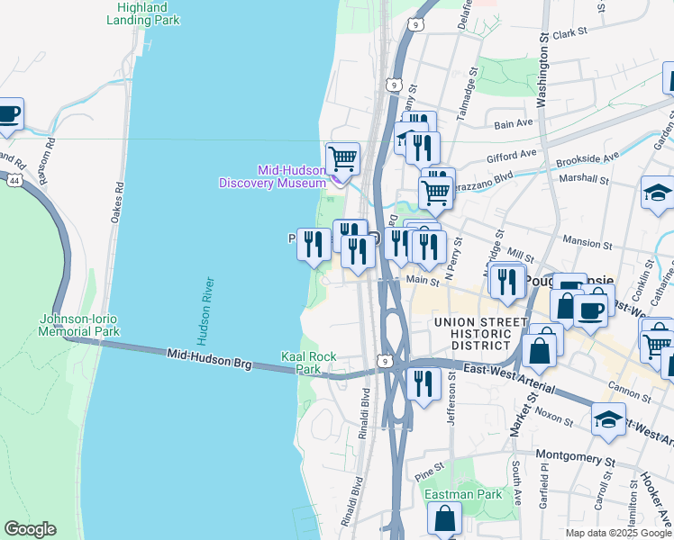 map of restaurants, bars, coffee shops, grocery stores, and more near in Poughkeepsie