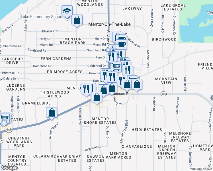 map of restaurants, bars, coffee shops, grocery stores, and more near 6082 Andrews Road in Mentor-on-the-Lake