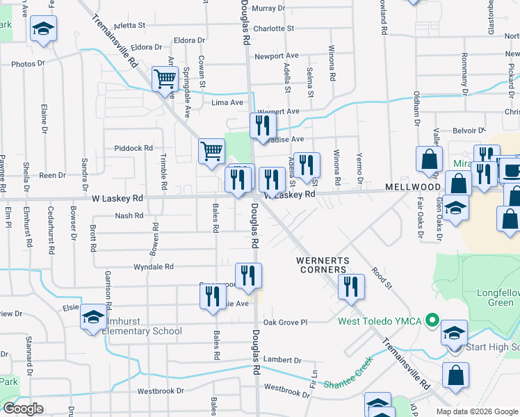 map of restaurants, bars, coffee shops, grocery stores, and more near 4936 Douglas Road in Toledo