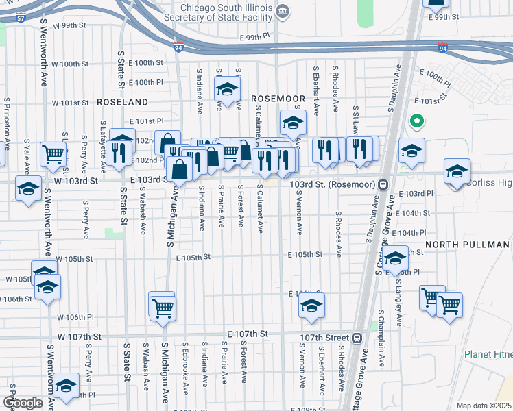 map of restaurants, bars, coffee shops, grocery stores, and more near 10342 South Calumet Avenue in Chicago