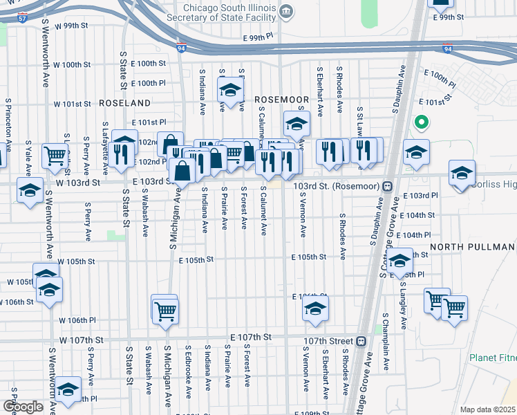 map of restaurants, bars, coffee shops, grocery stores, and more near 10342 South Calumet Avenue in Chicago