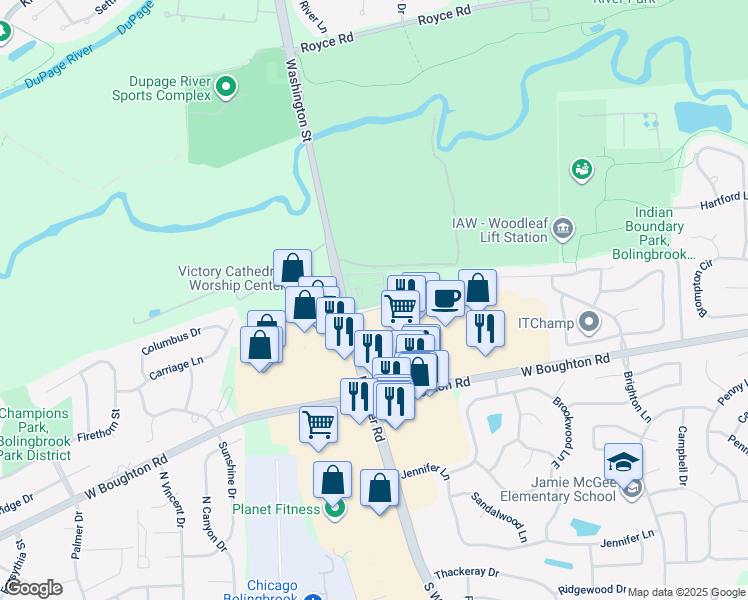 map of restaurants, bars, coffee shops, grocery stores, and more near 370 North Weber Road in Bolingbrook