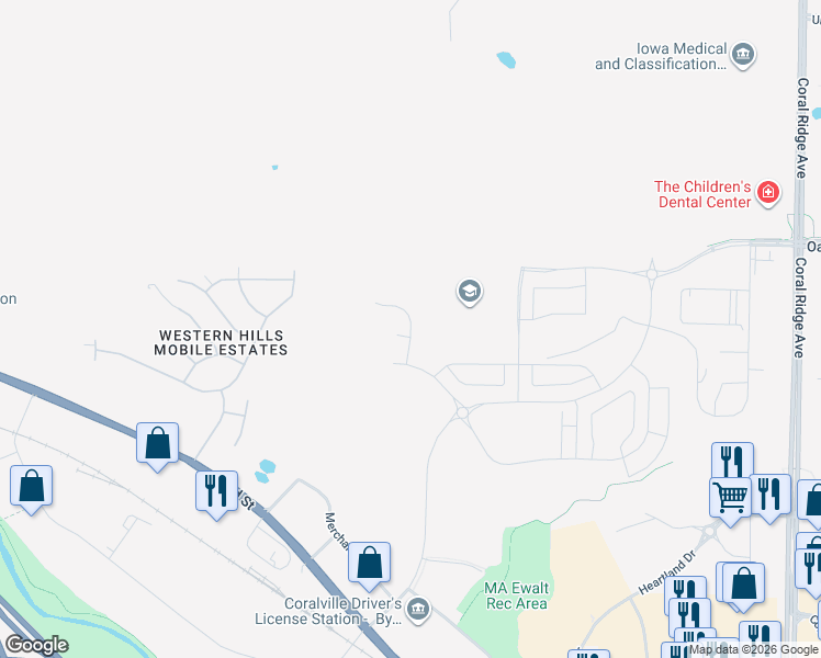 map of restaurants, bars, coffee shops, grocery stores, and more near Jones Boulevard in Coralville
