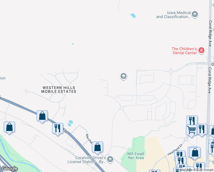 map of restaurants, bars, coffee shops, grocery stores, and more near Jones Boulevard in Coralville