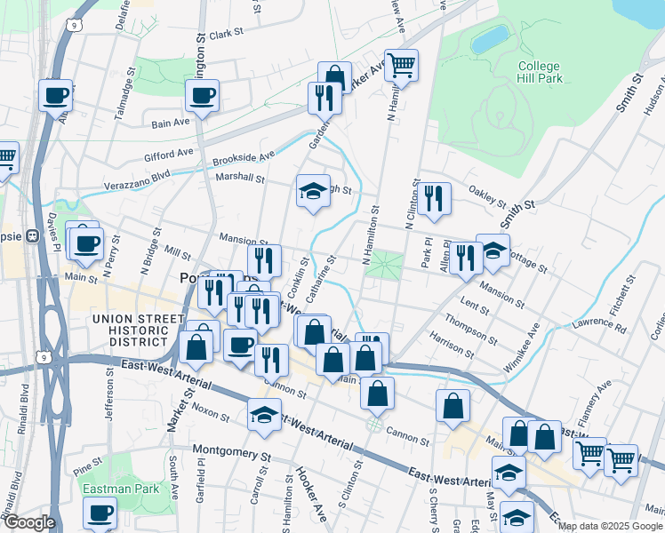 map of restaurants, bars, coffee shops, grocery stores, and more near 73 Catharine Street in Poughkeepsie