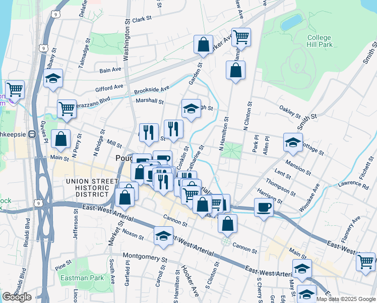map of restaurants, bars, coffee shops, grocery stores, and more near 35 Conklin Street in Poughkeepsie