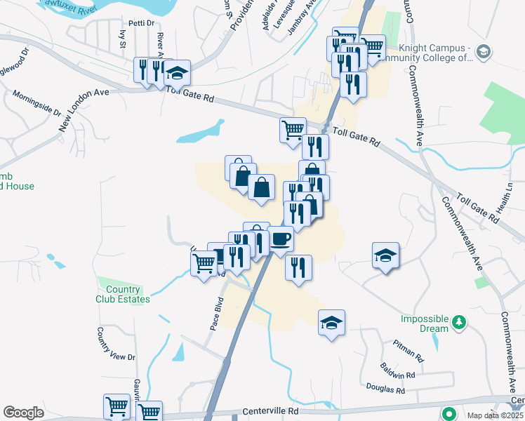 map of restaurants, bars, coffee shops, grocery stores, and more near 1245 Bald Hill Road in Warwick