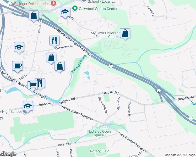 map of restaurants, bars, coffee shops, grocery stores, and more near 154 Georgetown Drive in Glastonbury