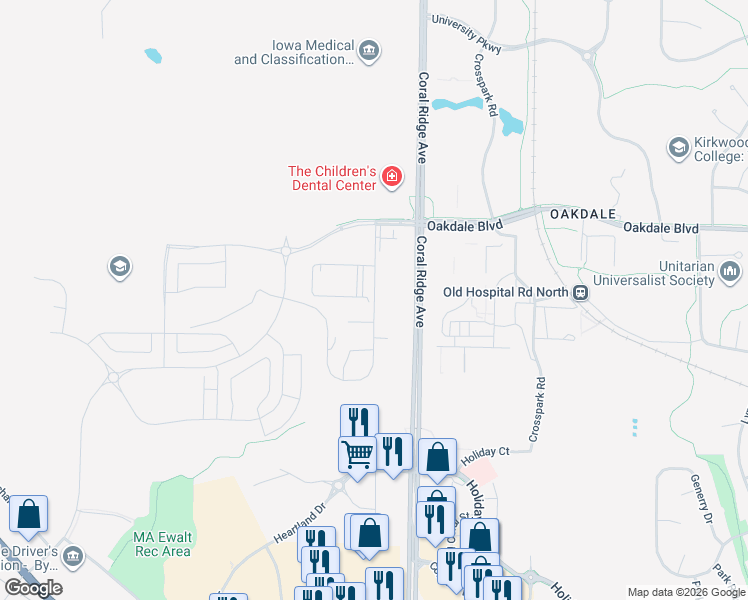 map of restaurants, bars, coffee shops, grocery stores, and more near 2559 Coral Court in Coralville