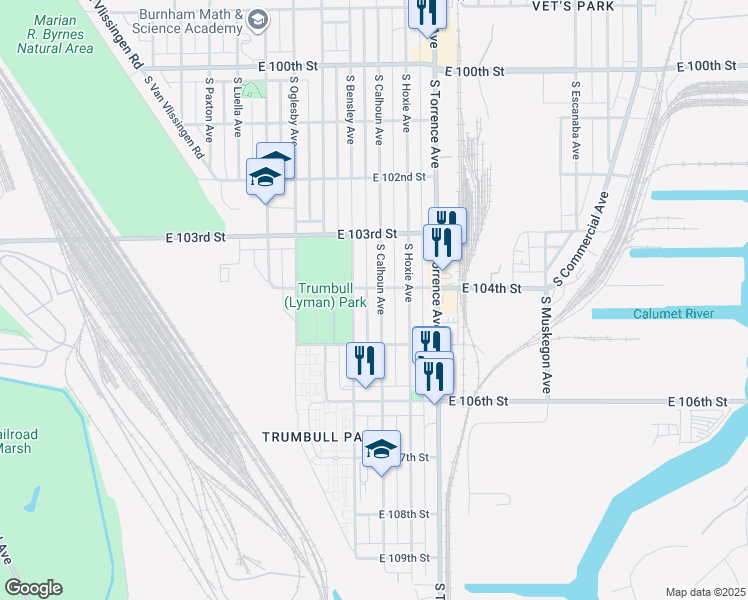 map of restaurants, bars, coffee shops, grocery stores, and more near 10410 South Calhoun Avenue in Chicago